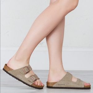 Taupe suede Birkenstock’s